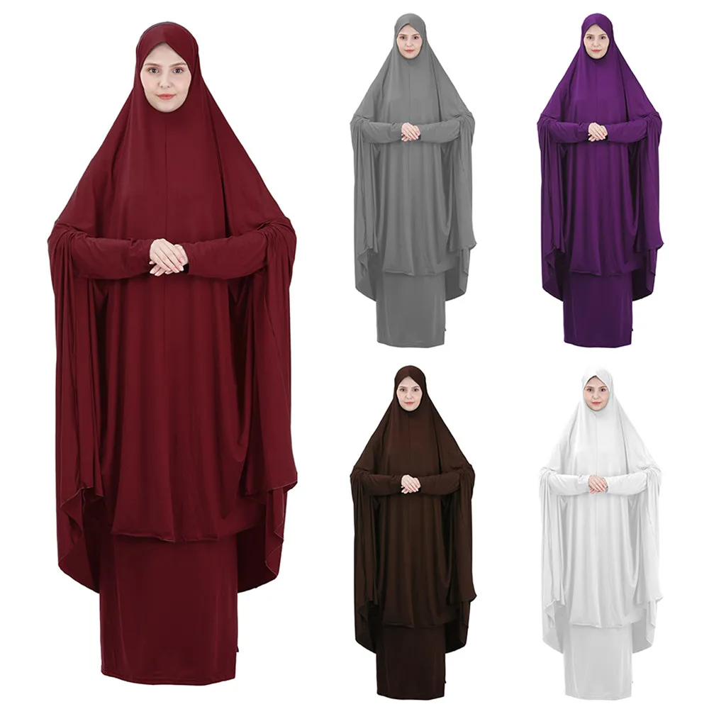 Eid Hooded Muslim Women Hijab Dress Prayer Garment Gowns Abaya 2 Piece Long Khimar Ramadan Gown Abaya Skirt Set Islamic Clothes