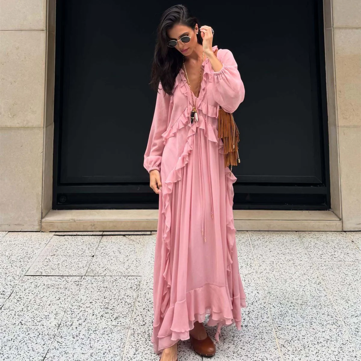 2025 em camadas decoração plissado colarinho doce temperamento manga longa vestido solto verão nova chegada roupas femininas