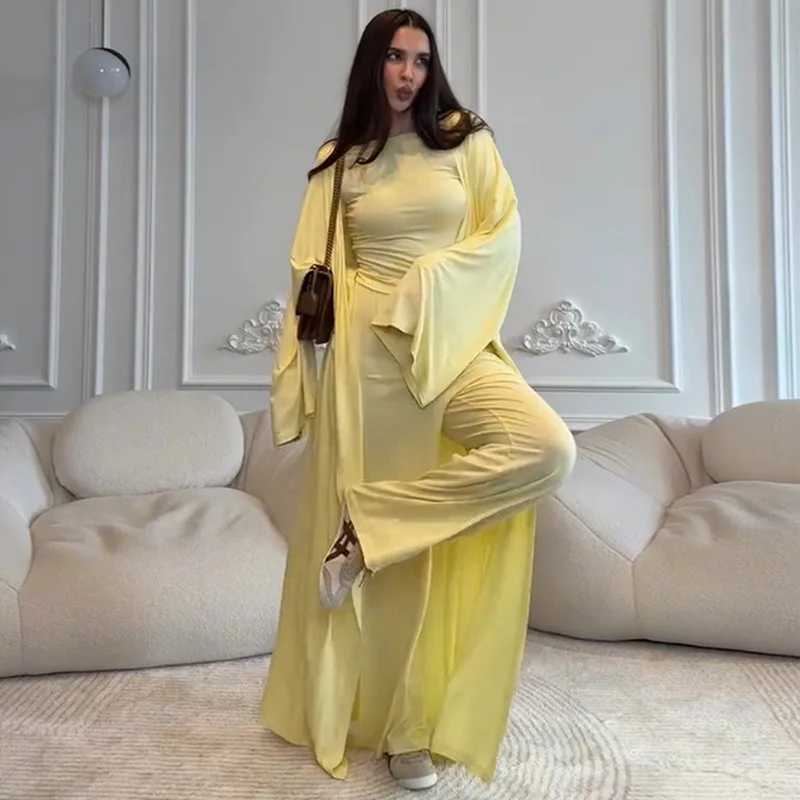 2025 여름 신상 롱 코트 긴팔 티셔츠 하이웨이스트 팬츠 3종 세트 여성 캐주얼 패션 의상