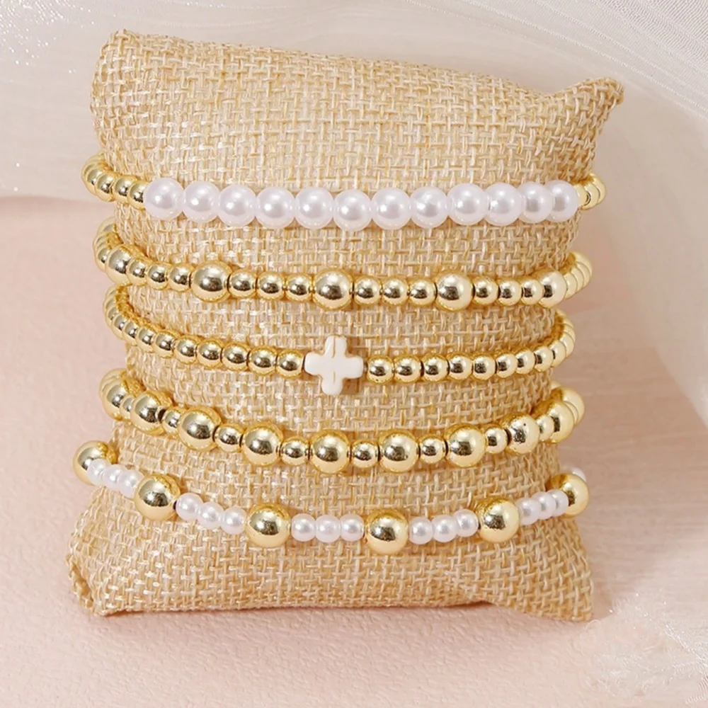 5Pcs/Set Bohemia Golden Beaded Bracelets For Women Artificial Pearls Stackable Stretch Bead Ball Bracelet Cross Jewelry Set Gift