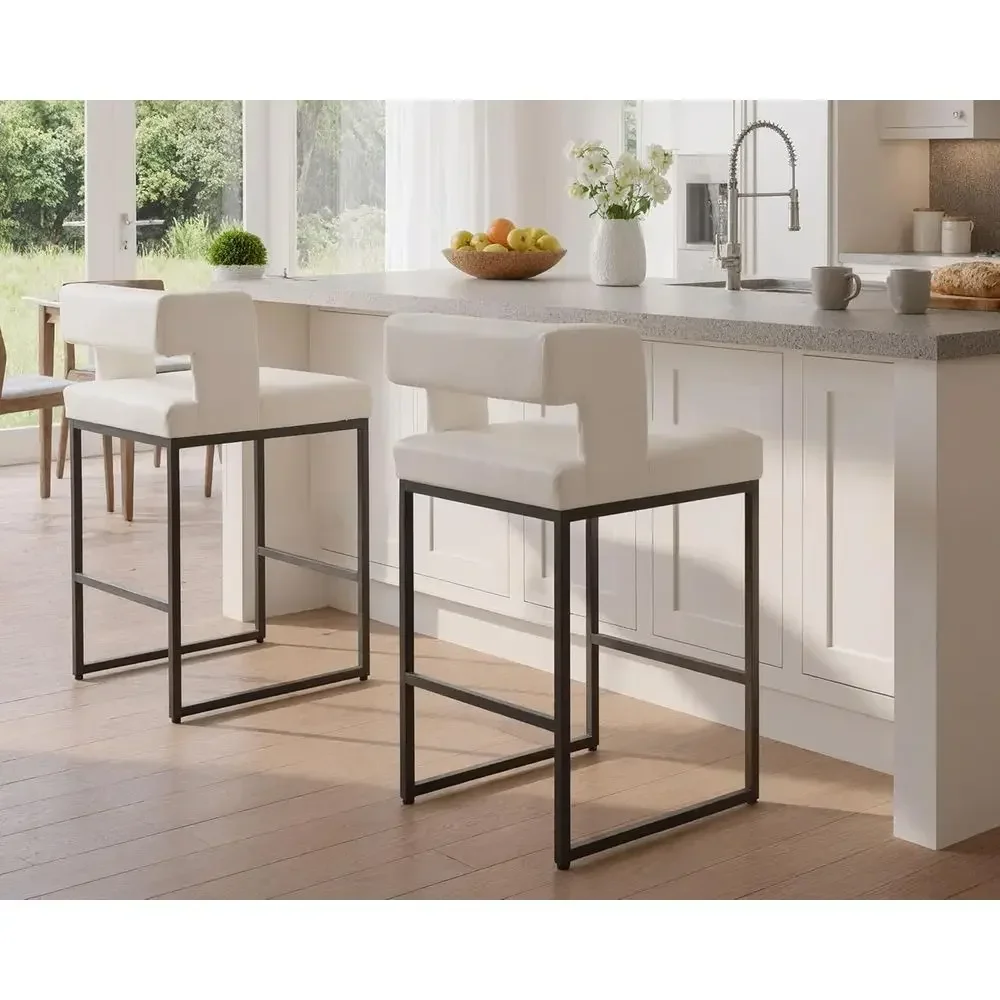 Set of 2 White Leatherette Counter Height Bar Stools with Open Back and Black Metal Frame for Kitchen Island view 3