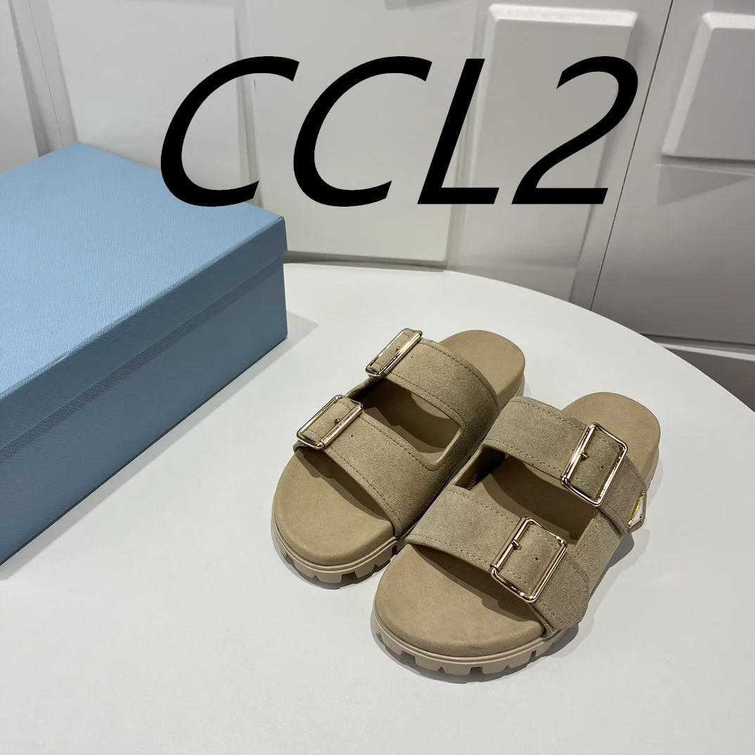 24 years spring and summer new sandals, double row buckle slippers, fashion flat slippers, game meat upper, sheepskin lining