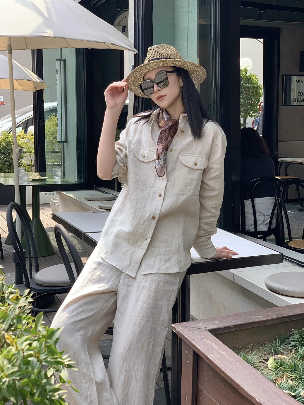 

Spring 2026 Women's Fashion Long Sleeve Shirt Loose Pants Set Classic Preppy Style High Waist Long Pants Sun Protection Two-P...