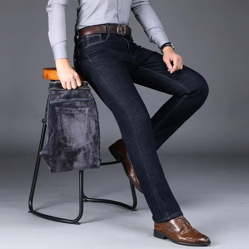 Pantalones vaqueros cálidos de lana para hombre, pantalón vaquero grueso informal de negocios de estilo clásico, corte Regular, color negro y azul, novedad de invierno de 2024