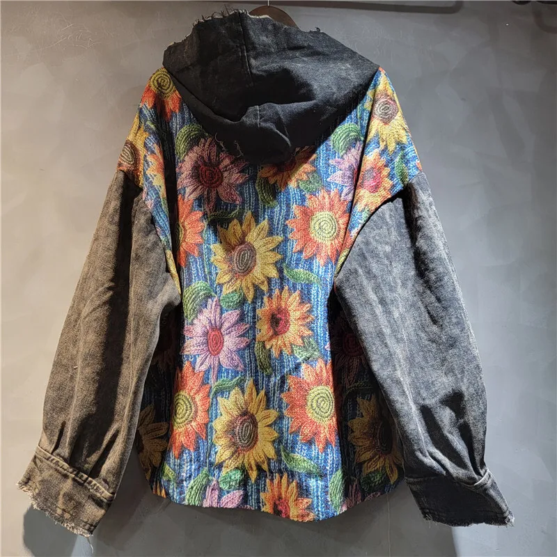 ANJY 가을 새로운 여성 세련된 자켓 인쇄 니트 패치 워크 디스트레스 데님 후드 싱글 브레스트 streetwear 트렌디 코트 a9807