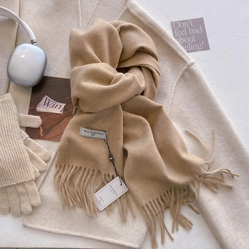 Korean Autumn Winter Wool Scarf Classic Casual Solid Color Women Outdoors Warm Neck Scarf Fashion Versatile Couple Tassels Shawl