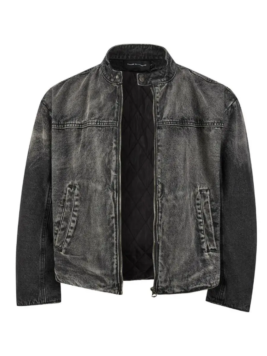 

American Sle Thiened Denim Jaet Men's Retro Motorcycle Waed Bla Cotton Jaet Stand Collar Long Zipper Casual Coat