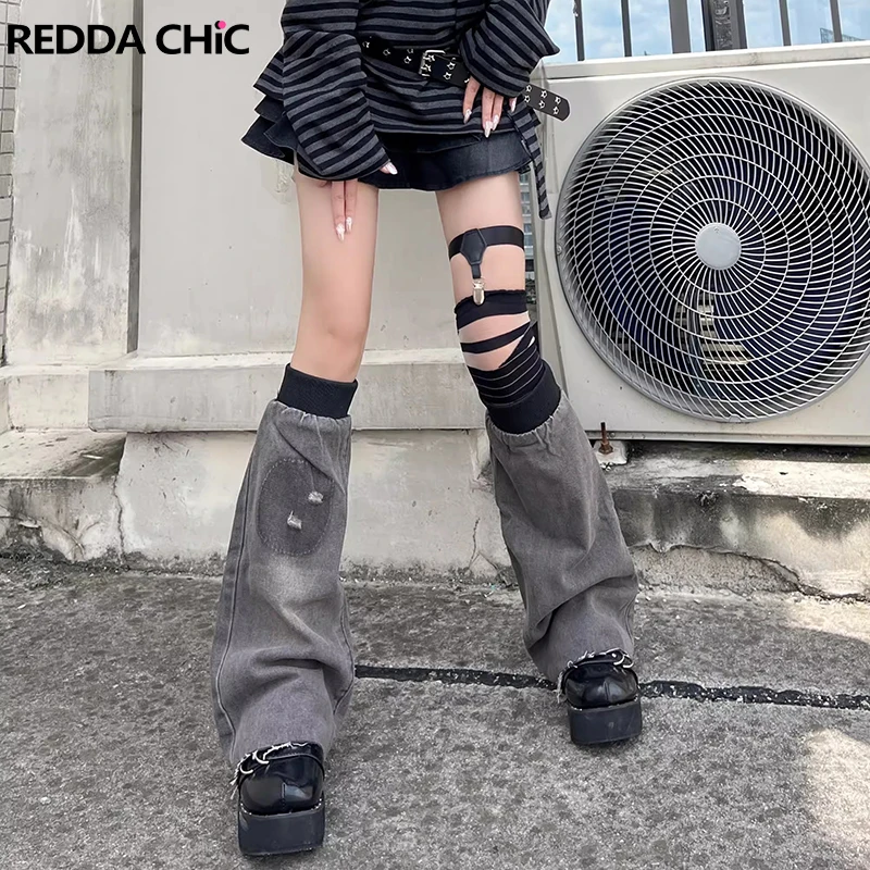 

ReddaChic 90s Retro Destroyed Denim Leg Warmers Women Gray Solid Raw Hem Long Socks Torn Frayed Boots Cover Grayu Y2k Streetwear