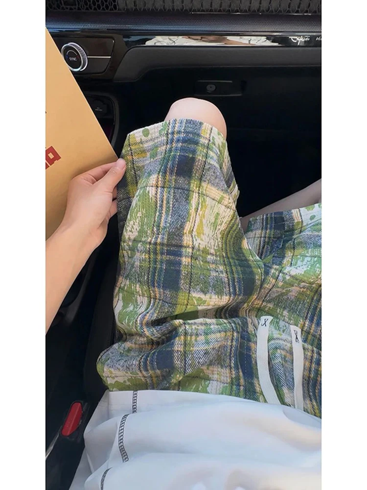 

Мужские летние винтажные спортивные шорты Green Tie Dye в клетку, прямые, со средней посадкой, для активного отдыха, повседневные брюки, не мнущиеся, модные