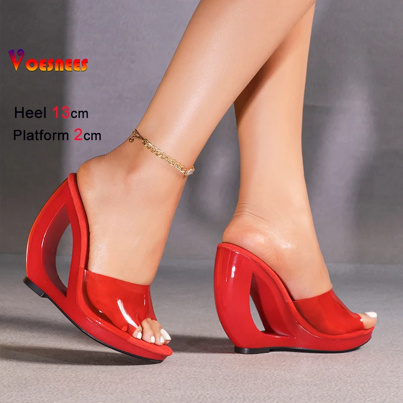

Новые женские летние туфли на платформе с прозрачными вставками, 13 см, модель для показа мод, сандалии необычного стиля, туфли на высоком каблуке, шлепанцы для женщин