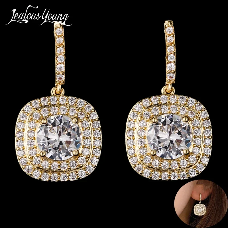 Hình Vuông Cổ Điển Zirconia Hình Giọt Nước Hoa Tai Nhỏ CZ Đá Vàng Vàng Màu Earings Cho Nữ DỰ TIỆC CƯỚI Trang Sức