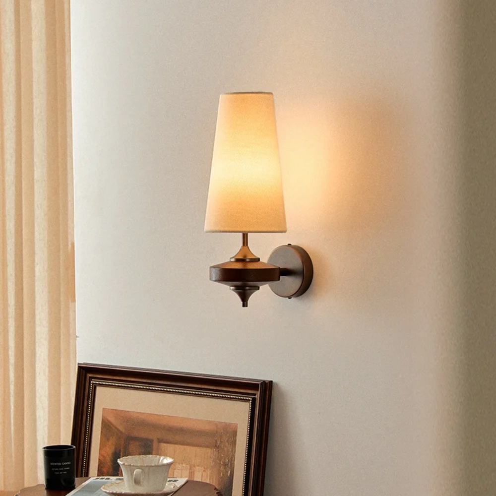French Retro Walnut Wall Lamp Fabric Lampshade Creative Wall Light Bedroom Bedside Living Background Wall Foyer Corridor Lamp