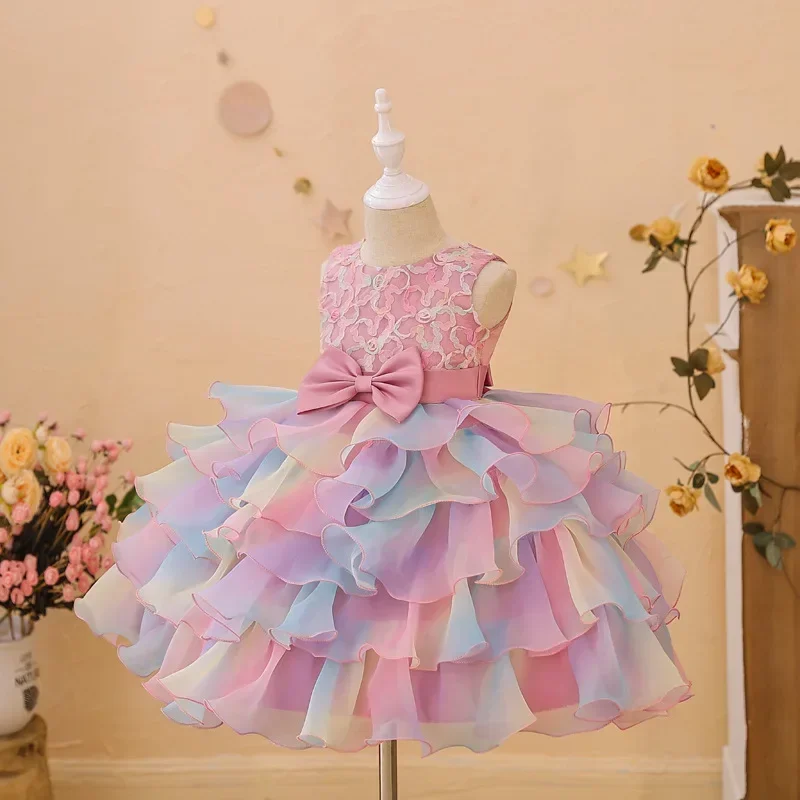 2024 Summer Girls\' Dress Sleeveless Fluffy Bow Dress Children\'s Birthday Party Evening Dresses 4-9T Princess Dress  Party Dress