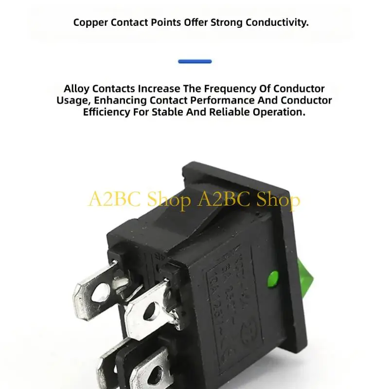 A2BC Panel Mount Rocker Switches 6A 250V AC 4 Pin 2 Way Toggle Switches with Illuminated Green Light ABS for Marine Equipment