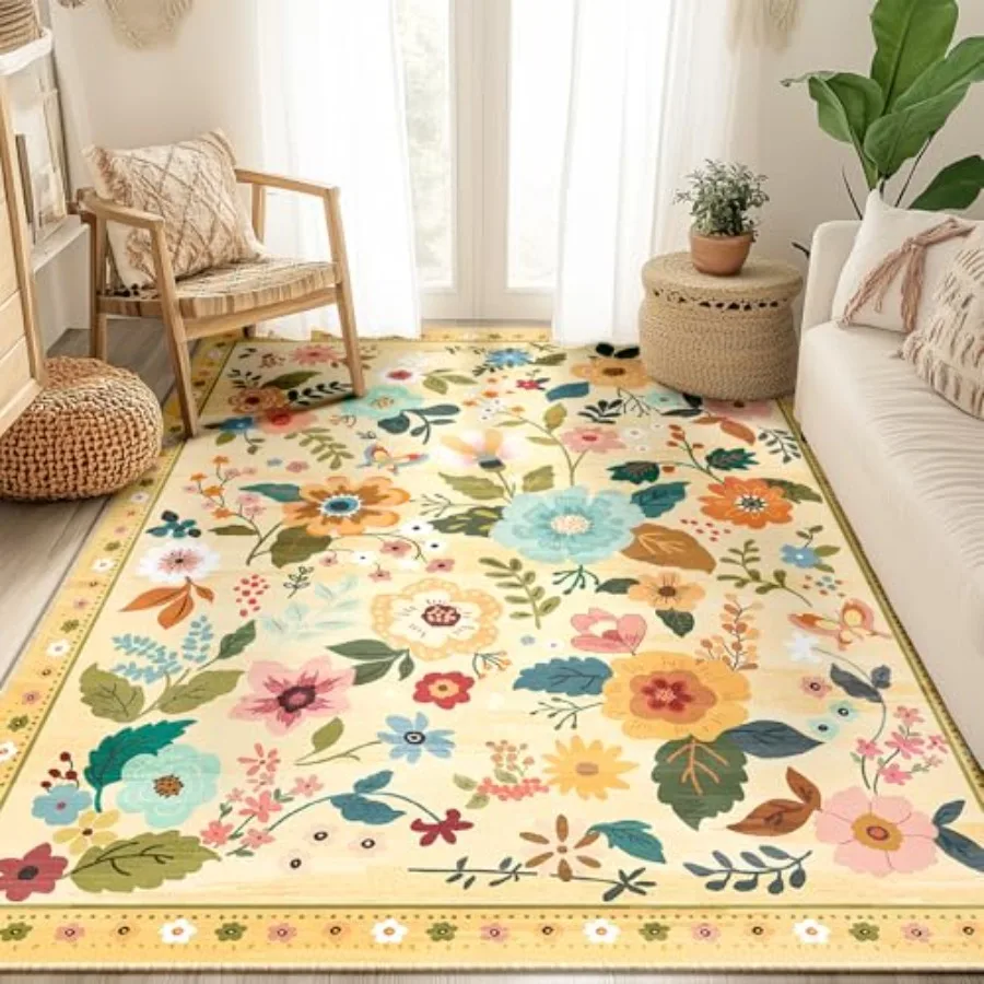 

Floral 5x7 Area Rug Machine Washable Soft Print Boho Carpet Non Slip Doormat Low Pile Flower Area Rugs for Living Room Bedroom