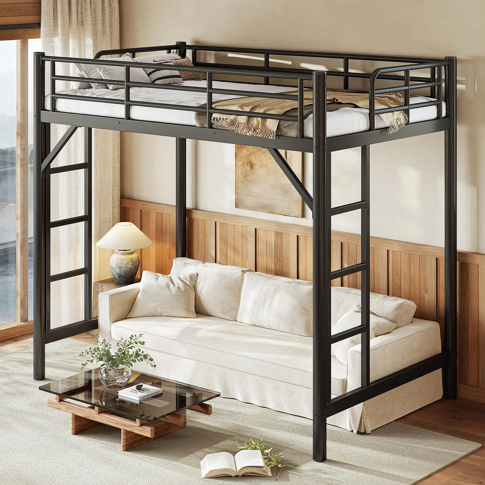 Twin Size Metal Loft Bed Frame with Guardrails and Dual Ladders, Space Saving Metal High Sleeper Bed for Bedroom