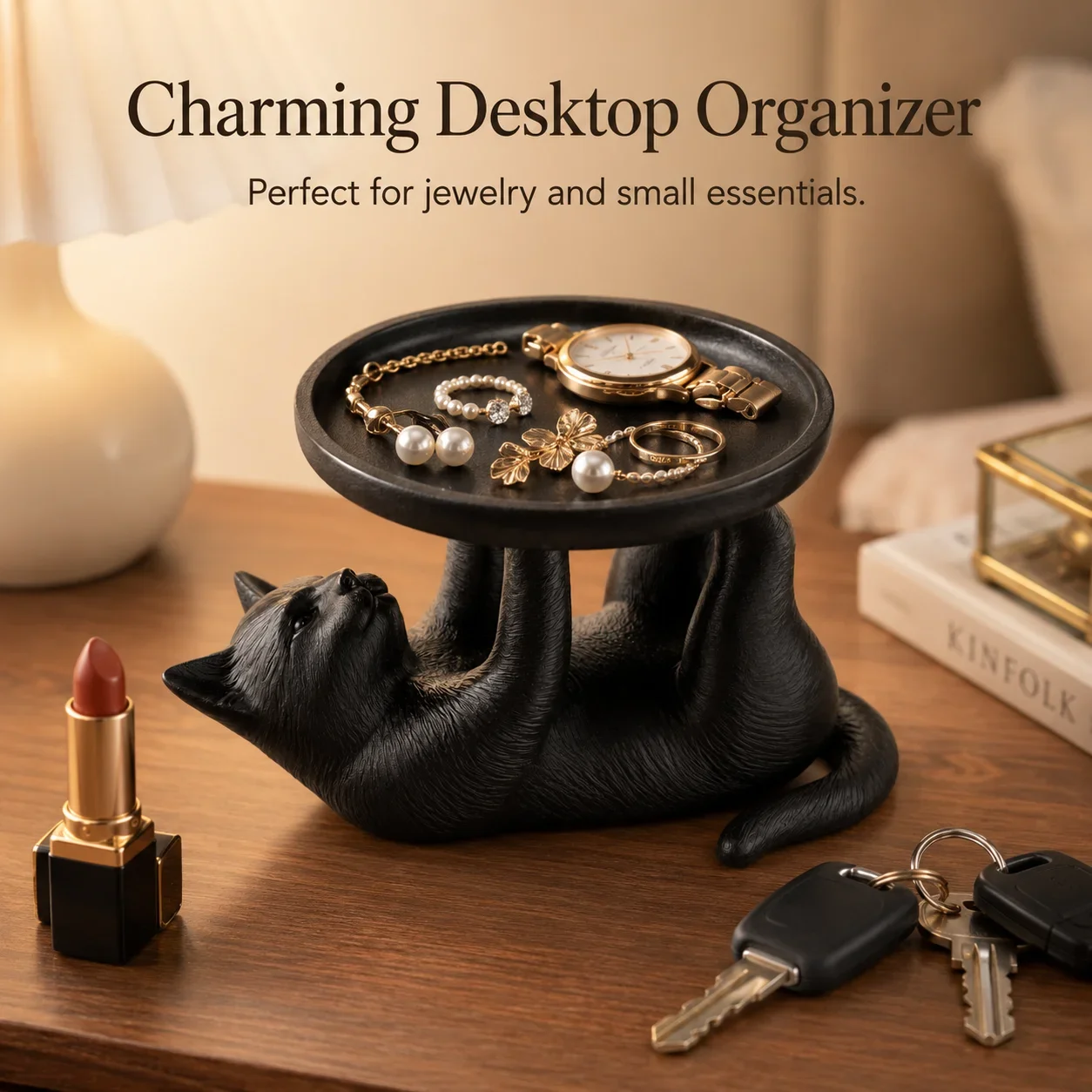 Cat Jewelry Tray, Creative Animal Trinket Dish for Rings Keys Coins, Bedside Table Decor view 2
