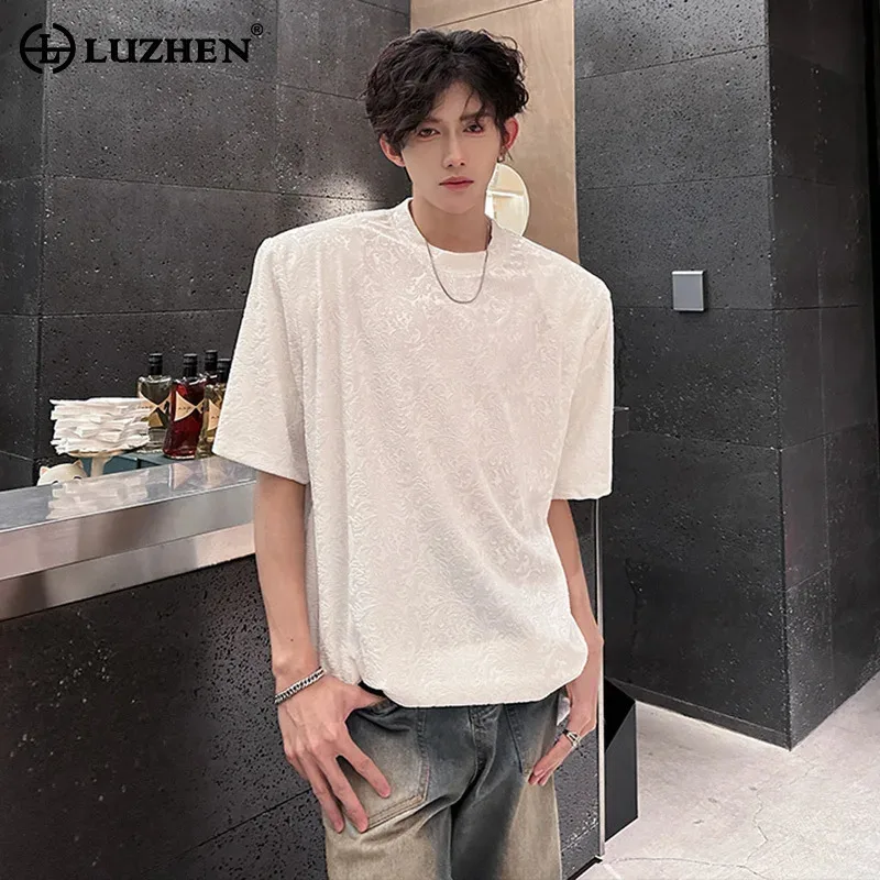 

LUZHEN Высококачественные эластичные жаккардовые свободные уличные модные футболки с короткими рукавами, мужские повседневные топы с круглым вырезом, лето 2025 г., JY4017