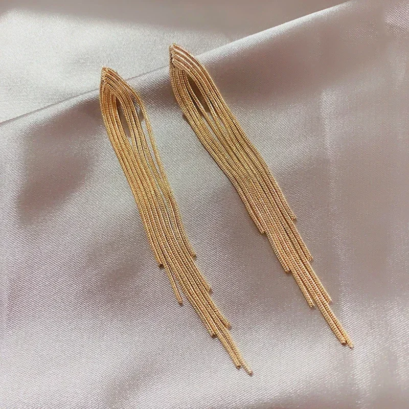 Vintage Gold Color Bar Long Thread Tassel Drop Earrings for Women Glossy Arc Geometric Korean Earring Fashion Jewelry 2023 New