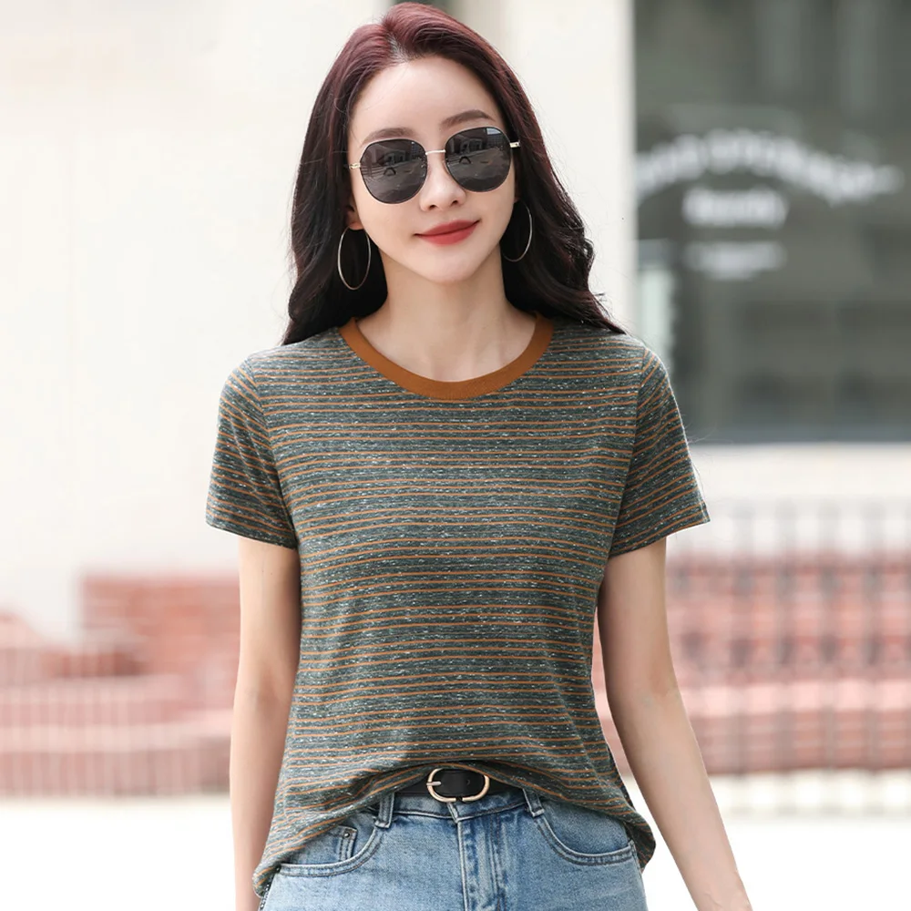 

New Women Casual Striped T-shirt Summer Fashion Patchwork O-Neck Short Sleeve Loose T-shirt Simplicity Classic Basic Tees