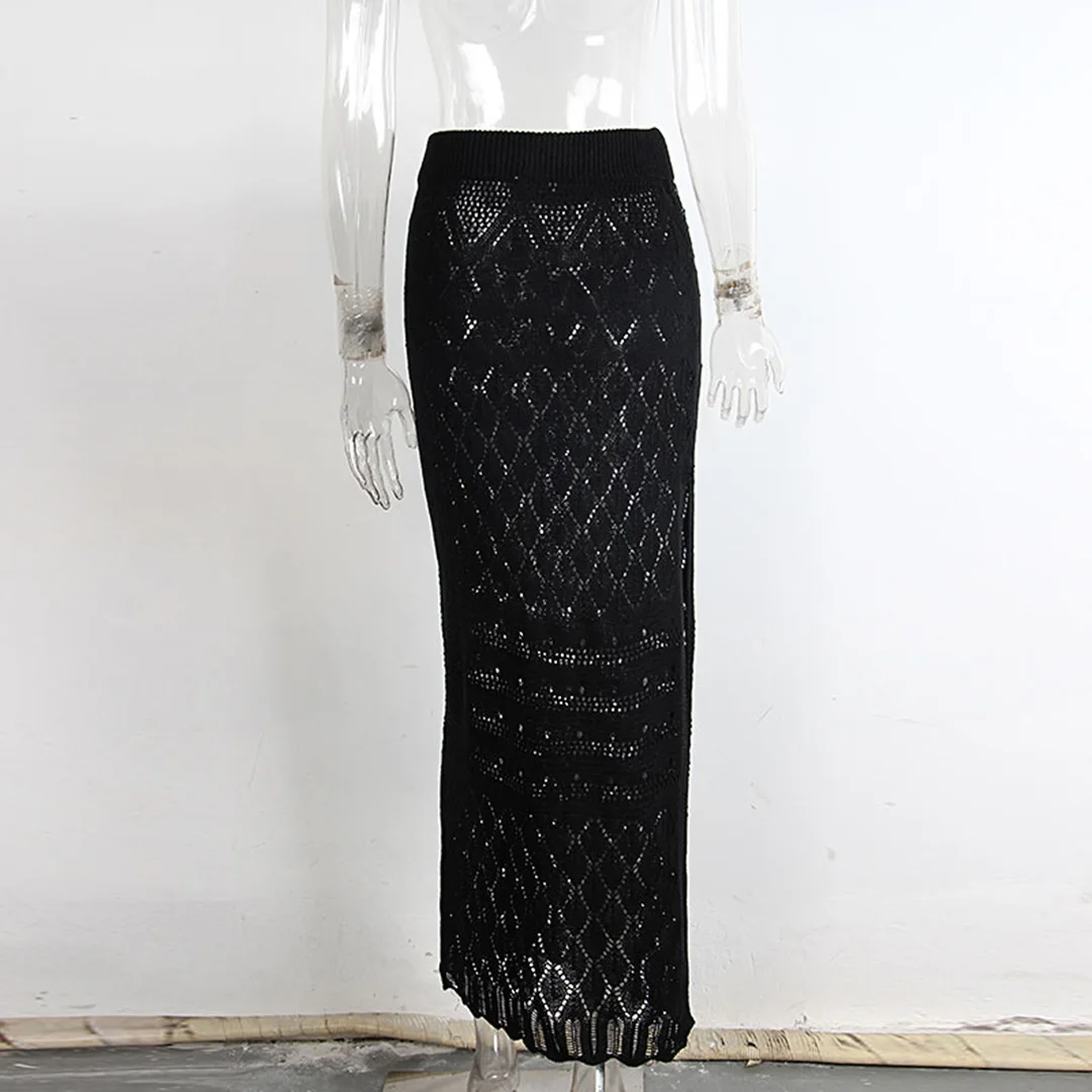 S - XL Ausgeschnittener, hoch geschnittener, gehäkelter Strickrock, Strand-Cover-up, Strandkleid, Strandmode, Damen-Badebekleidung V6810 – Detail 9