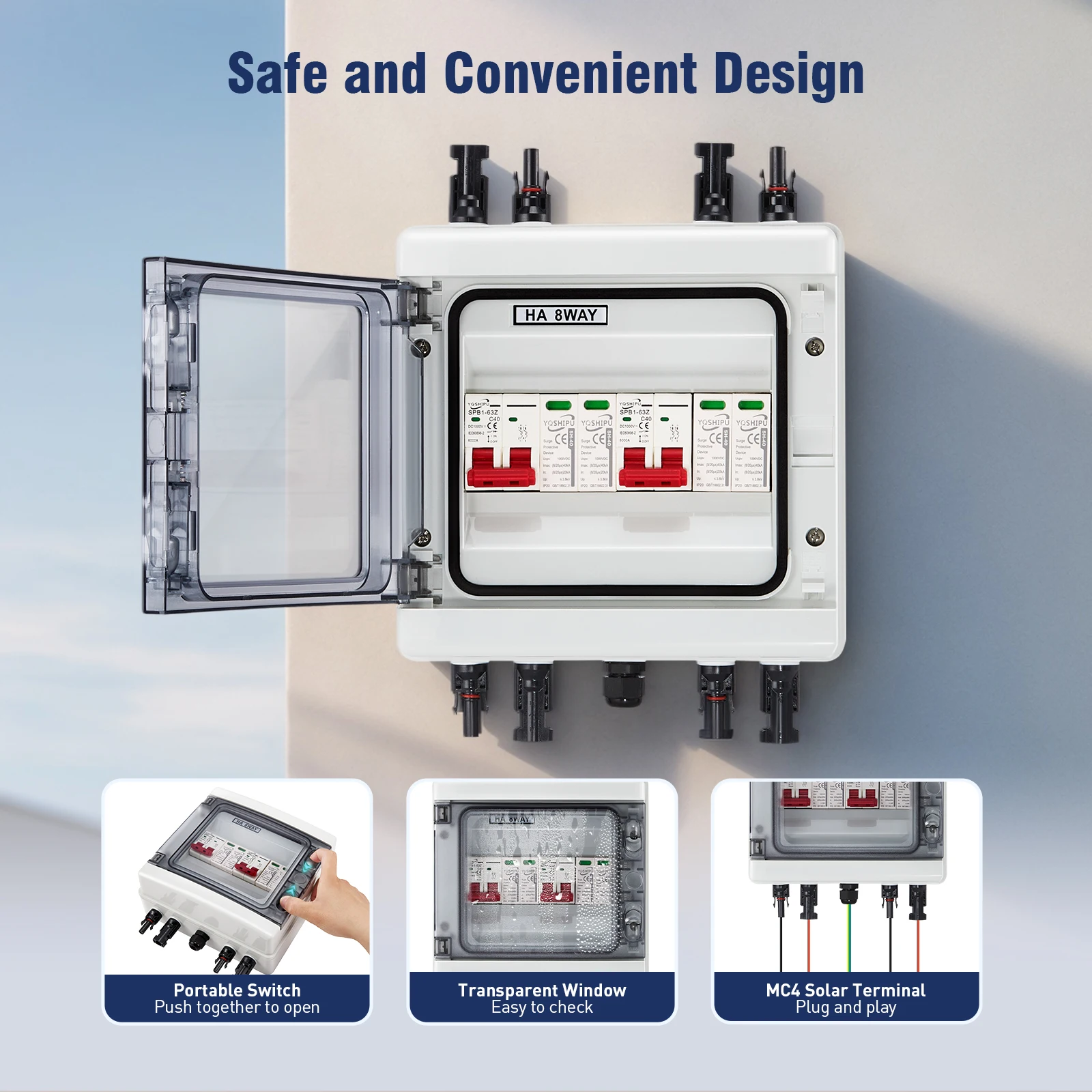 Solar Combiner Box with Multi-layer Protection, Surge Protection PV 2 input 2 out DC 40A 1000V Isolator Switch, IP65 Waterproof