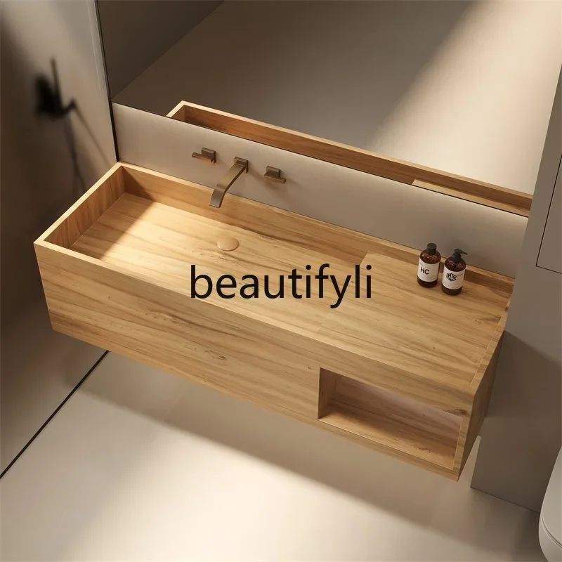 E182 Travertine wood grain rock slab integrated seamless basin toilet wash face wash basin bathroom cabinet