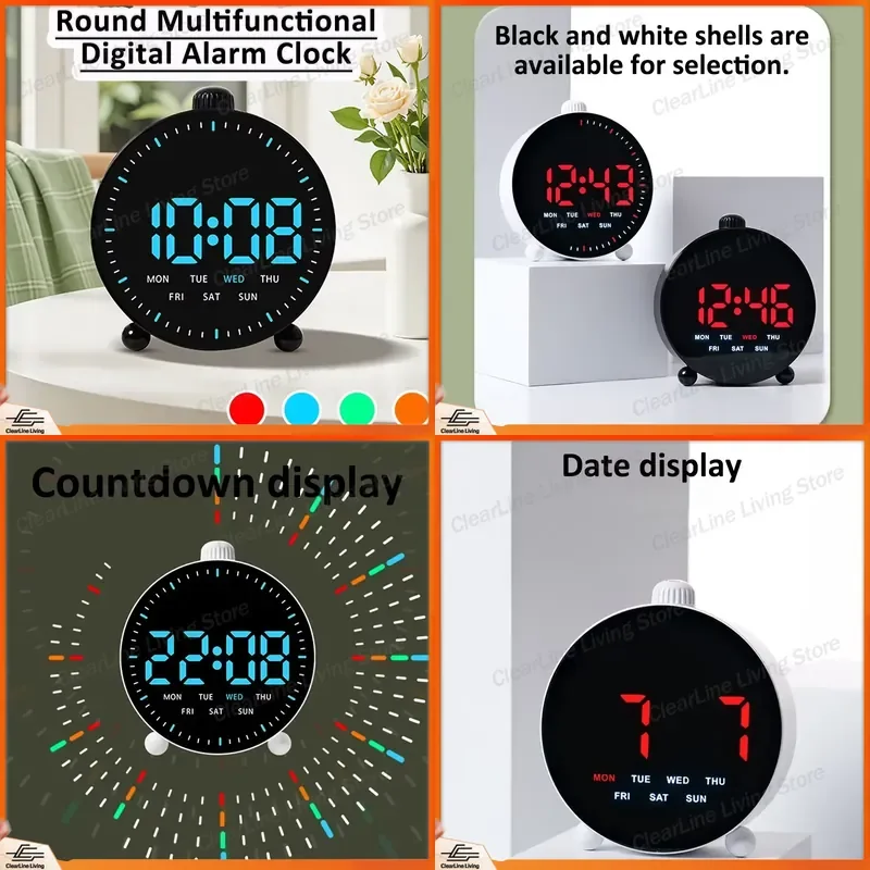 Round Digital Alarm Clock Dual Alarms Date Week Display Countdown Timer Home Decor Electronic LED Alarm Clocks