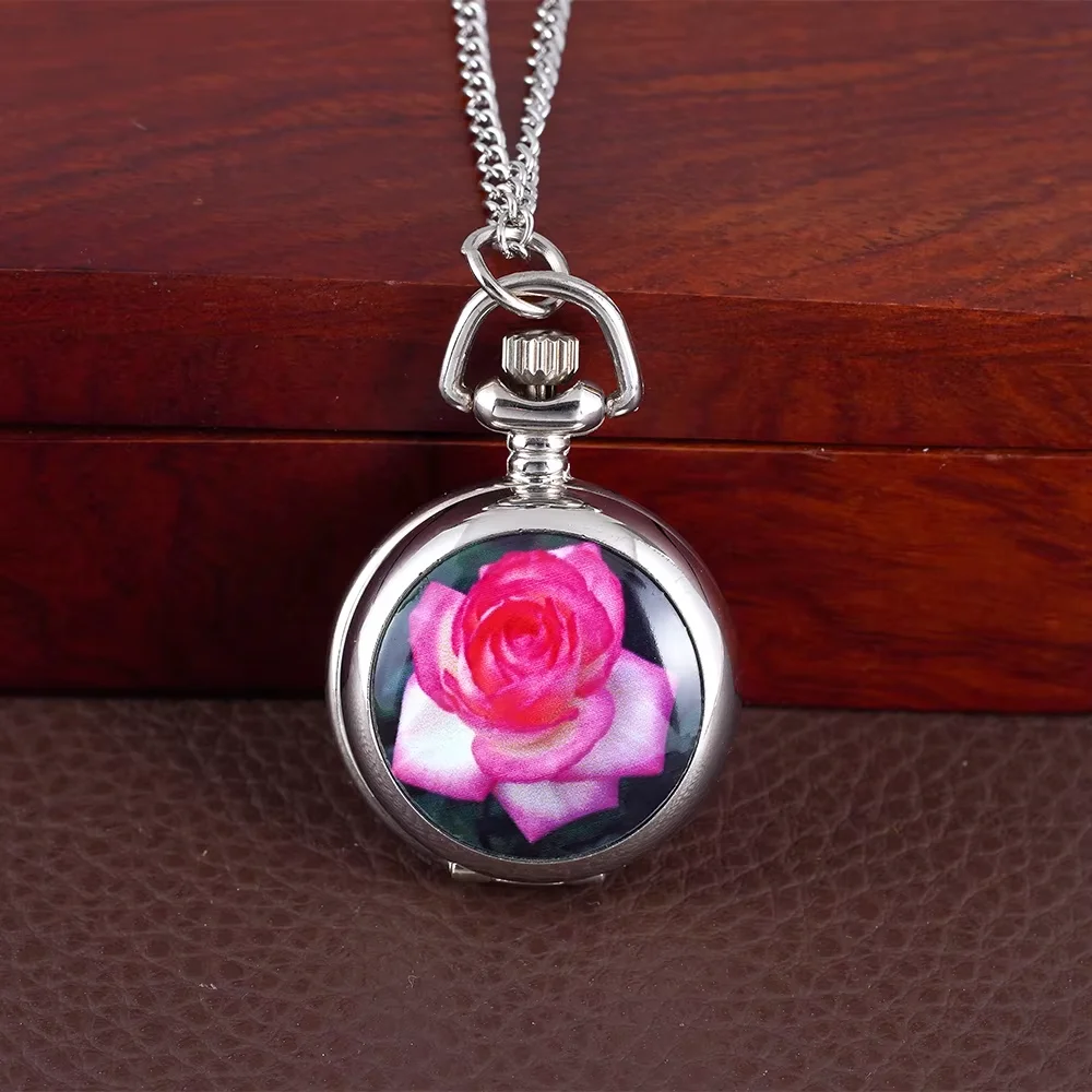 

Classic ceramic pocket watch Retro small silver flower pattern pocket watch long necklace watch