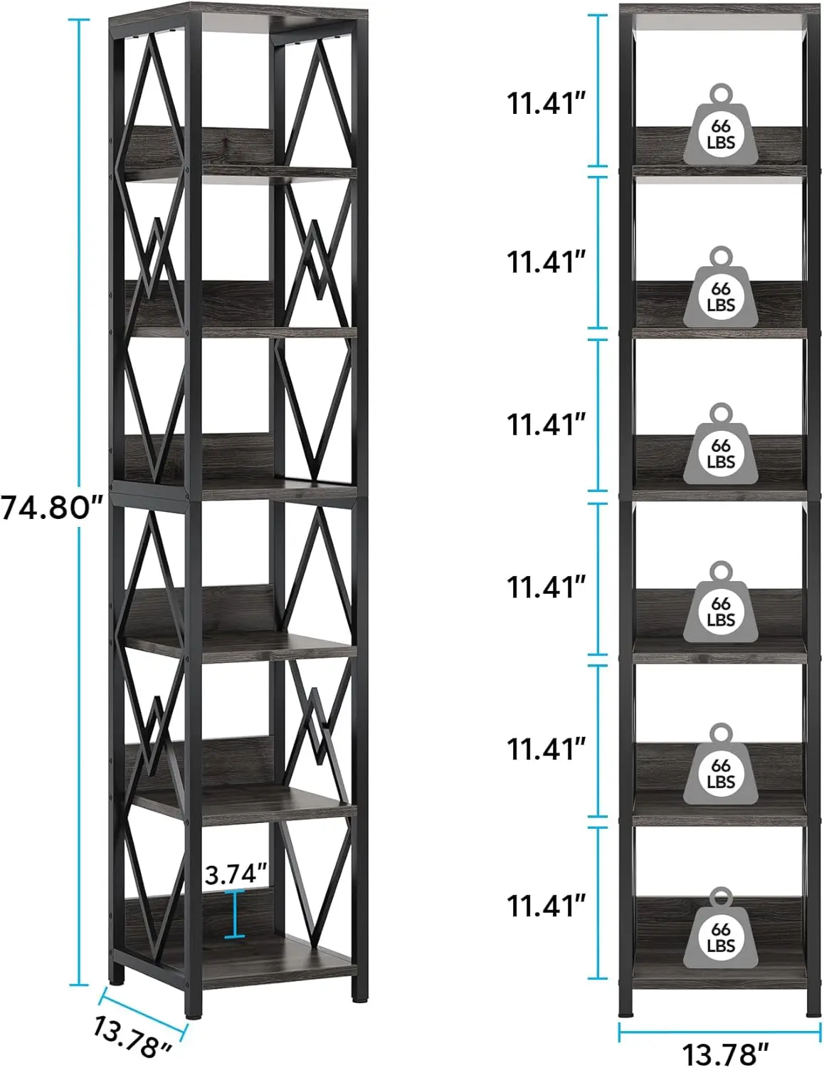 6-Tier Bookshelf Storage Shelves: 75 Inches Tall Narrow Bookcase Set of 2, Skinny Open Storage Display Rack 2 PCS for Living Roo