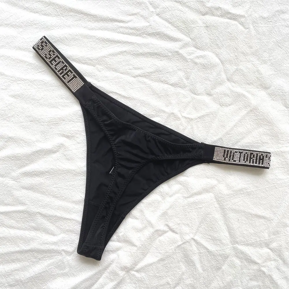 Victoria's Secret-tanga strass fio-dental para mulheres, letra cetim, lingerie sexy de renda, roupa íntima, calcinha, calcinha pentual