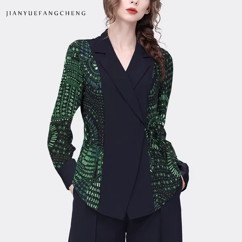 Fashion Silky-like Women' Printed Blouse Long Sleeve Lapel Collar Office Ladies Tops Fall Winter Casual Retro Shirts