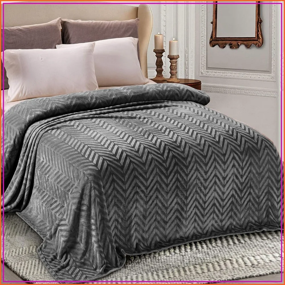 Chevron Flannel Fleece Queen Blanket, Soft Lightweight Bedspread, 90x90 Inch Dark Grey