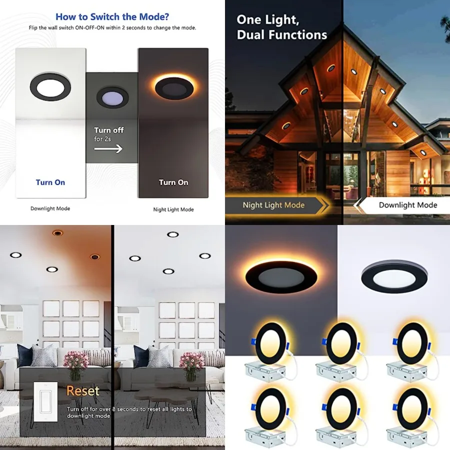 Pack Recessed Lights with Night Light, Canless Ultra Th Wafer Downlight Pot Outdoor Exterior Soffit Lightg, Dimmable and 5 Colo