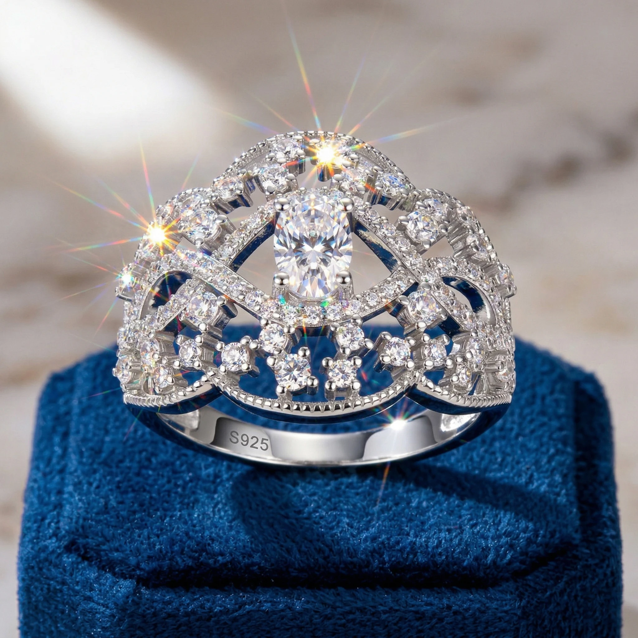 Moissanite Ring, 925 Sterling Silver, D Color VVS1, Oval Center Stone, Openwork Filigree, Trendy Stackable, Certificate Quality