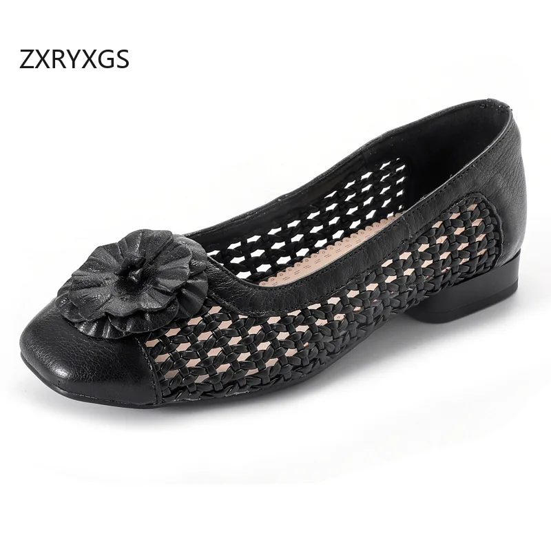 ZXRYXGS 2026 New Summer Round Toe Genuine Leather + Woven Flowers Sandals Breathable Low Heel Large Size Women Fashion Sandals