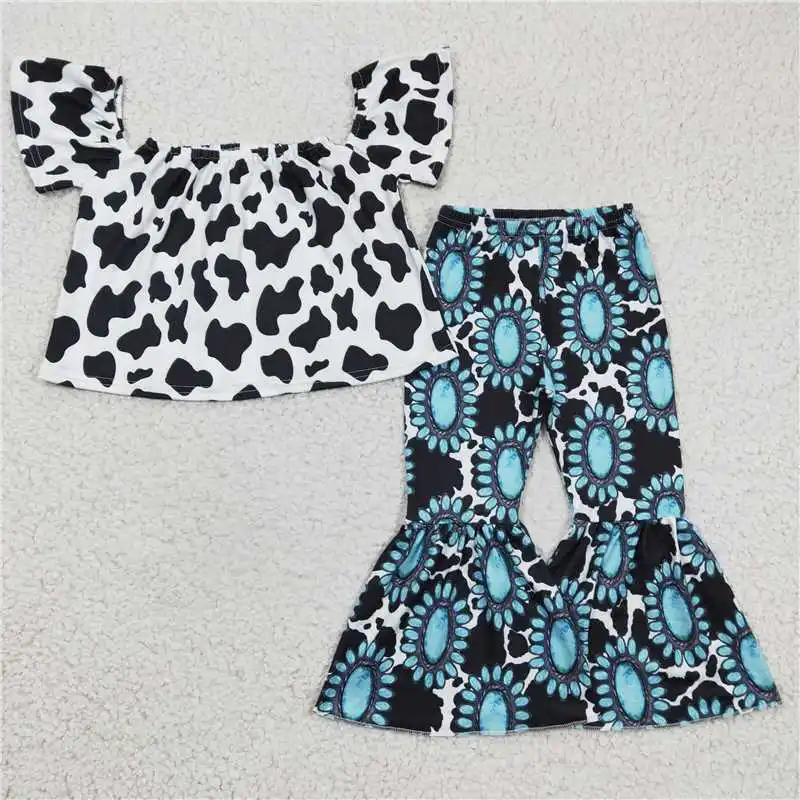 GSPO0351 summer new girl girl cow print gem short sleeve trousers set boutique wholesale price