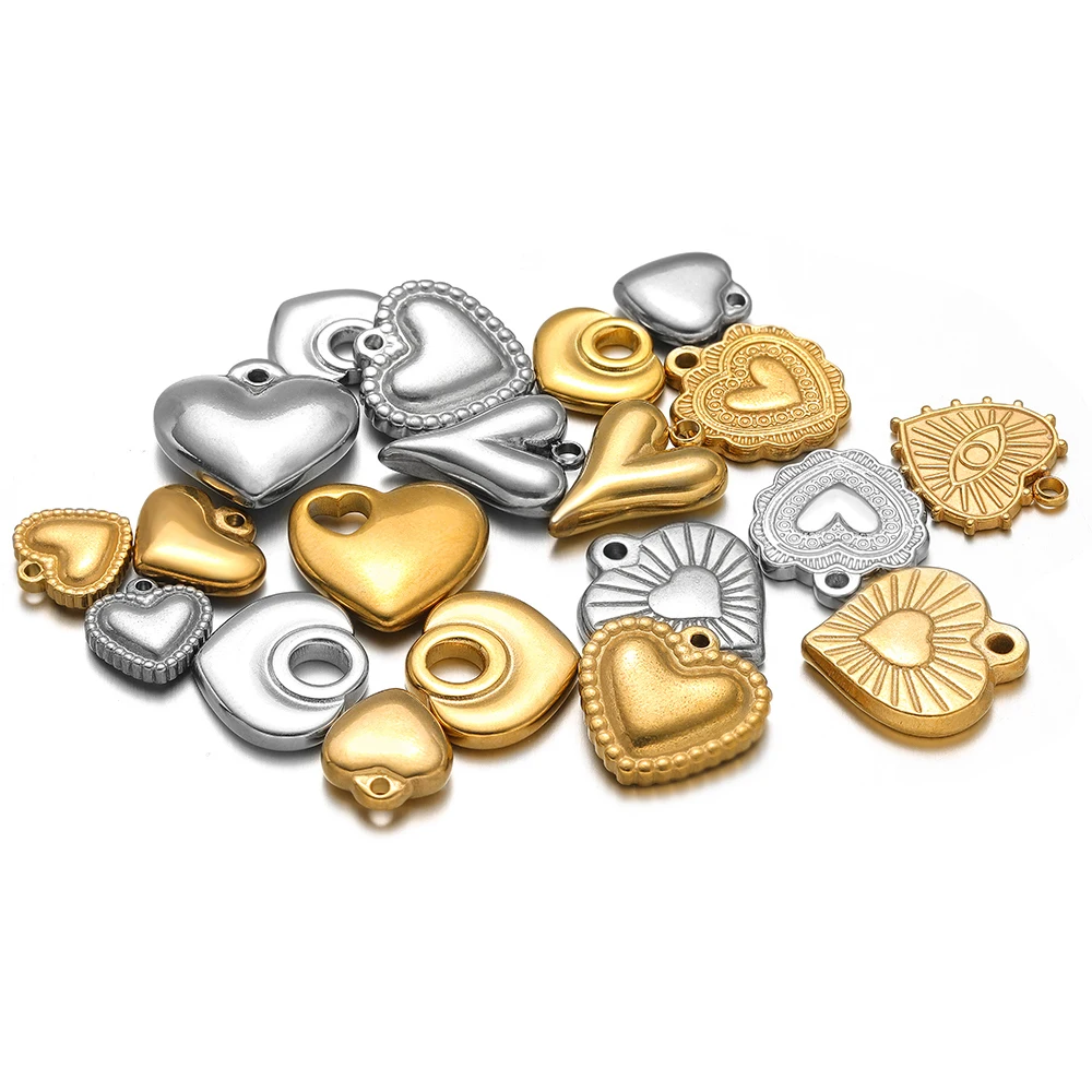 5pcs 18K Gold Stainless Steel Exquisite Heart Pendants Necklace Charms for DIY Women Jewelry Making Bracelet Earrings Findings