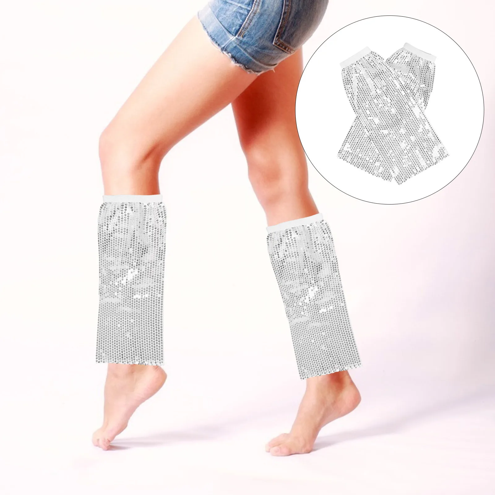 

1Pair Sparkling Leg Sleeves Shimmering White Elastic Stretchy Sequin Leg Warmers for Dance Performance Stage Rave Costume
