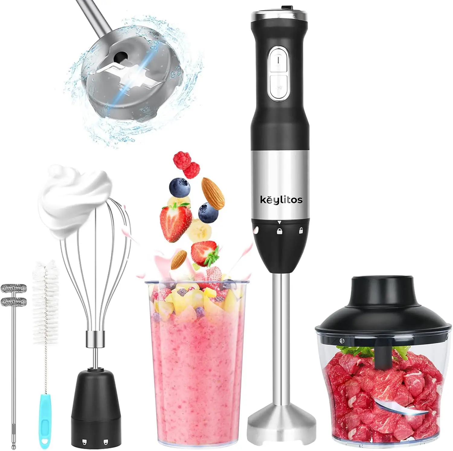 

5 in 1 Immersion Hand Blender with 600ML Chopper, 800ML Beaker, Whisk & Milk Frother for Smoothie, Baby Food, Sauces, Puree