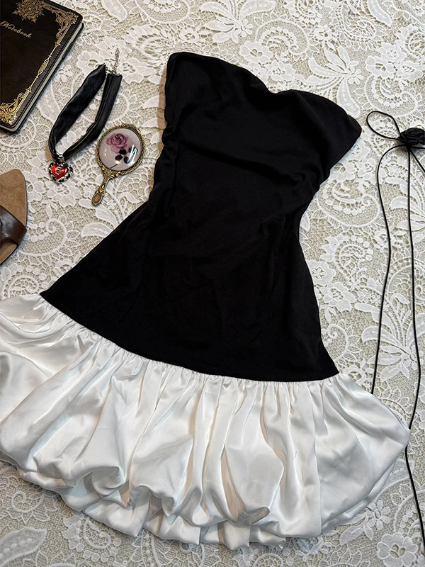 Vestido Tubo Preto Boho Original com Ombros Descidos para Mulheres, Saia Floral Vintage de Verão, Silhueta A-Line, Sem Mangas...