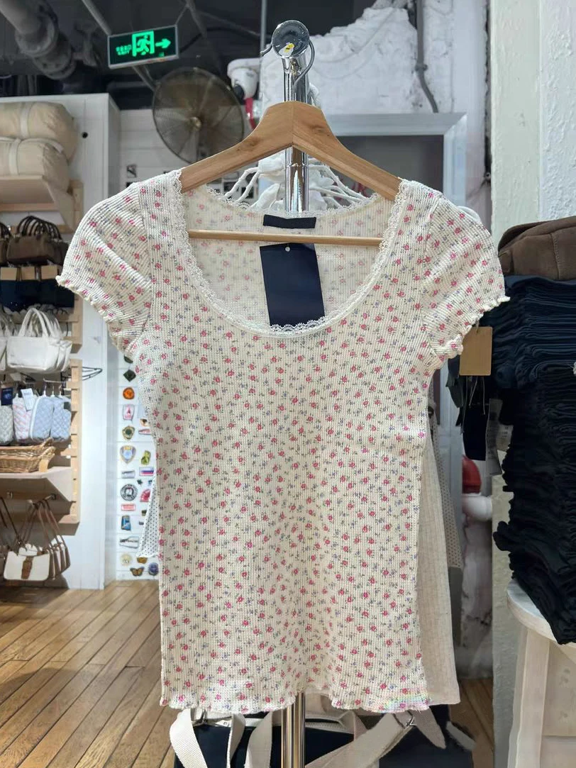 

Pink Floral Print Waffle Slim T-shirt Women Lace Trim Scoop Neck Short Sleeve T-shirts Summer Sweet Vintage Fungus Hem Tees Tops