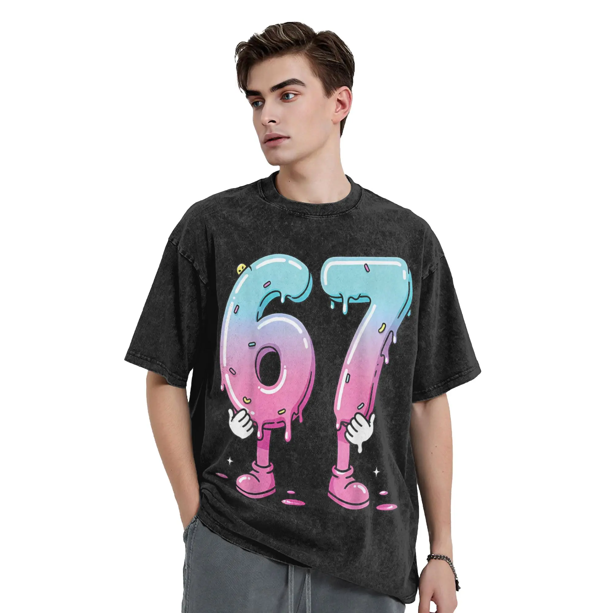 Harajuku غسلها تي شيرت 67 الآيس كريم بالتنقيط 67th عيد ميلاد ستة سبعة ميمي فضفاض تي شيرت موضة التي شيرت الرجال الصيف بلايز عادية