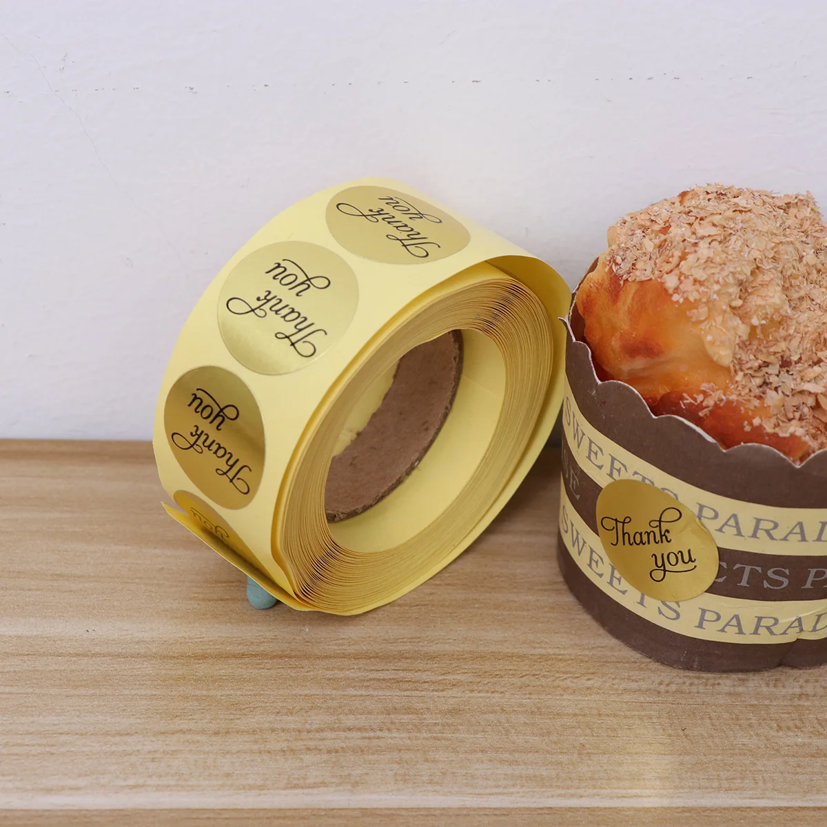 1 Roll Round Adhesive Labels Golden Hand Writing Thank You Cookie Bags Candy Bags Stickers Baking Packaging Decoration Seal