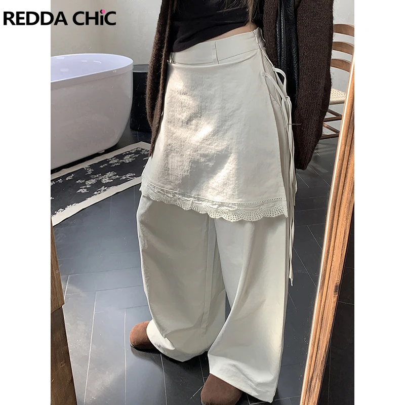 

Женские широкие брюки ReddaChic из двух частей, белые однотонные кружевные обтягивающие брюки палаццо, одежда для отдыха