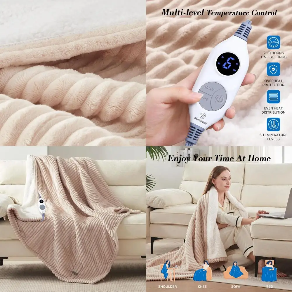 

Sherpa Electric Throw Blanket with 6 Heat Levels, 2-10h Auto-Off, Fast Warming, ETL Certified, Machine Washable, 50x60 Beige