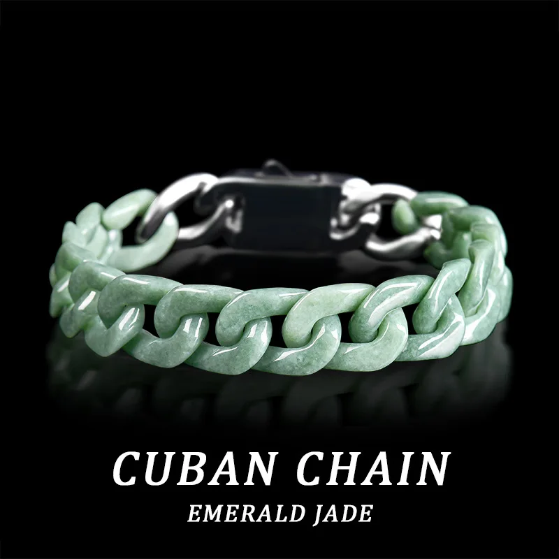Natural A-grade jade green Cuban chain bracelet jade titanium steel hip-hop style personalized men's women's trendy accessories