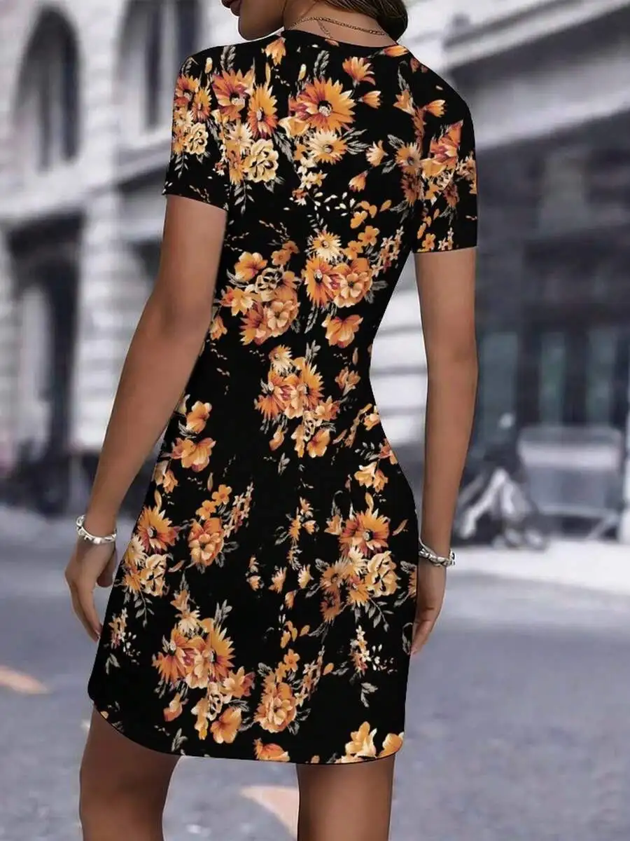 

Womens Bodycon Dress With Floral Print, Short Sleeve Round Neck, Slightly Elastic Polyester Knit Dress