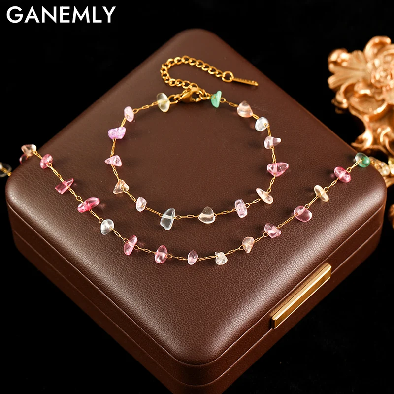 GANEMLY 316L Stainless Steel Colored Acrylic Stone Necklace Bracelets Waterproof Jewelry Charm Metalic Chain Fashion Lady Gift