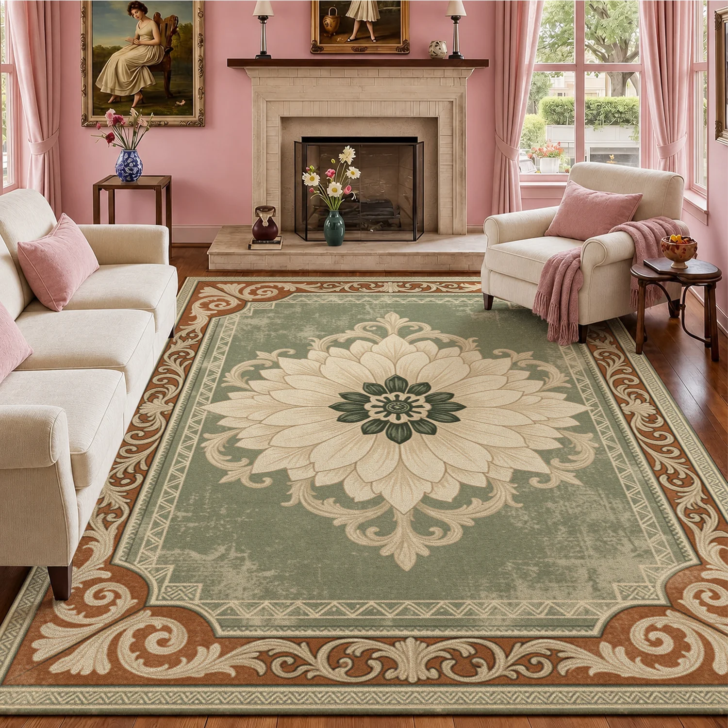 Distressed Vintage Ornate Floral Medallion Area Rug Soft Velvet Machine Washable, Ideal for Living Room, Dining Room, Bedroom Decoration, Perfect for Halloween, Thanksgiving, Christmas, New Year Home Floor Accent